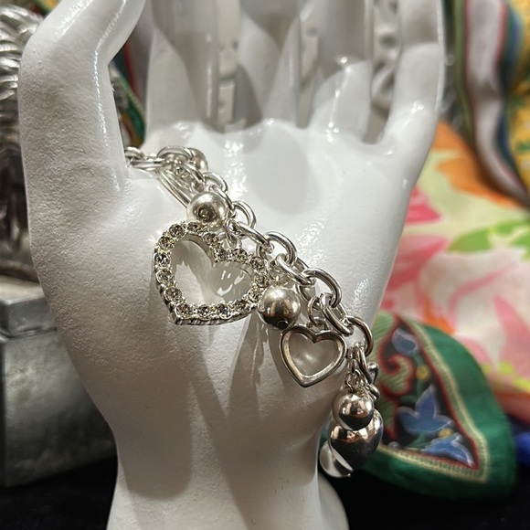 BRACELET Silver Heart Charms Australian Crystals in Open Heart Lobster Clasp - Picture 4 of 6